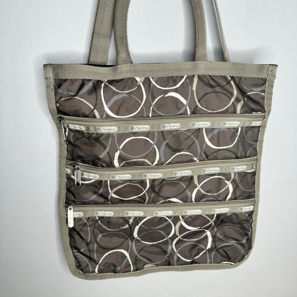 Le Sportsac Foldover Tote Crossbody Circles Large Bag Neutral - Picture 3 of 13